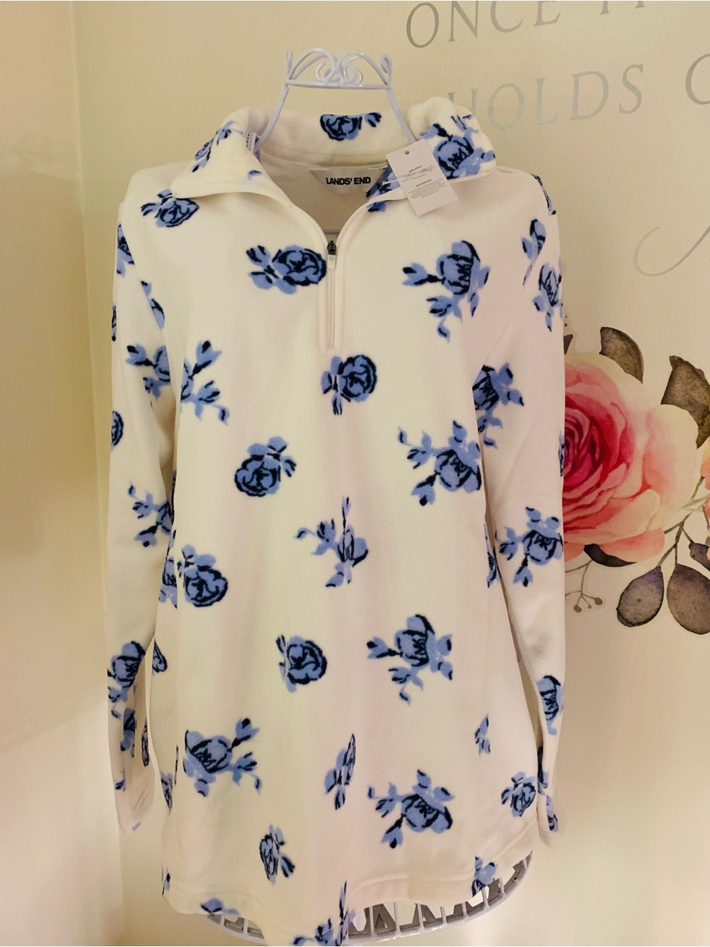 Jacket Fleece Quarter-Zip Lands' End Blue Floral lightweight Cozy Casual SZ L